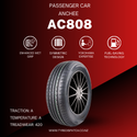 Anchee AC808 Passenger Car Tyre promotional image showcasing enhanced wet grip, symmetric design, Yokohama expertise, and fuel-saving technology