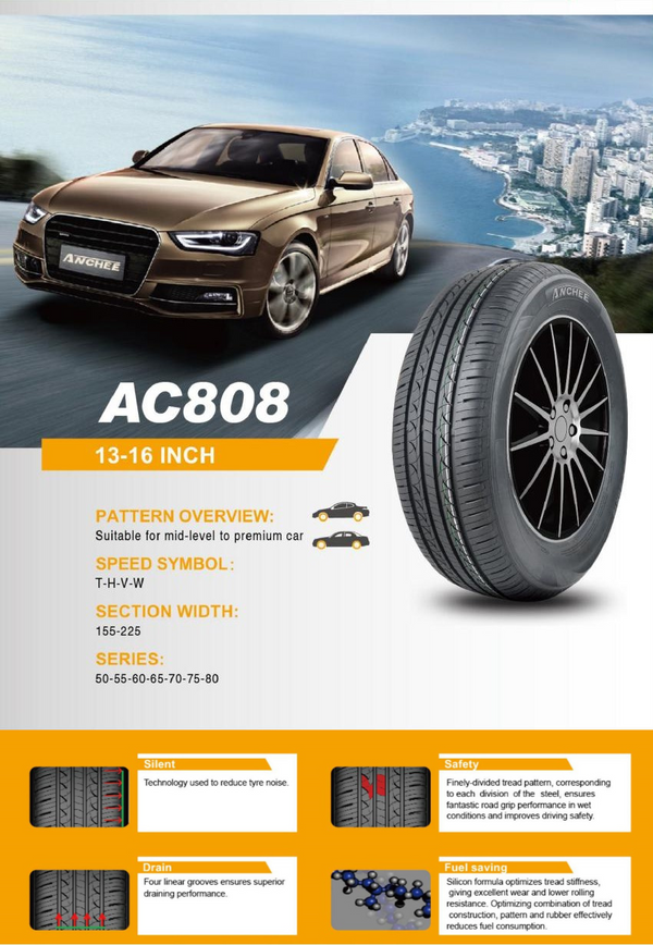 Anchee AC808 Passenger Car Tyre overview, highlighting section width, series options, and optimized construction for fuel savings and safety