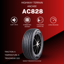 Anchee AC828 Highway Terrain Tyre promotional image featuring quiet drive, symmetric design, Yokohama expertise, and long mileage performance