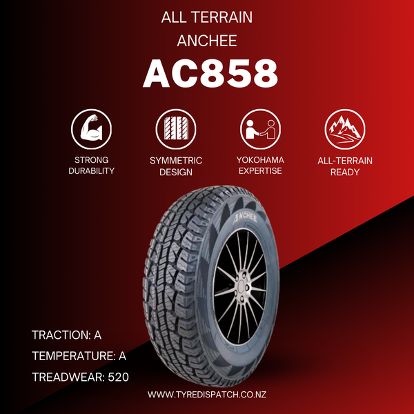 Anchee AC858 All Terrain Tyre promotional image highlighting strong durability, symmetric design, Yokohama expertise, and off-road readiness